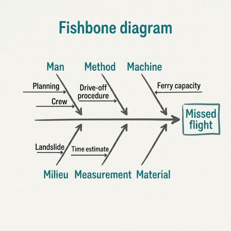 Fishbone diagram showing causes of missed flight categorised by 6M