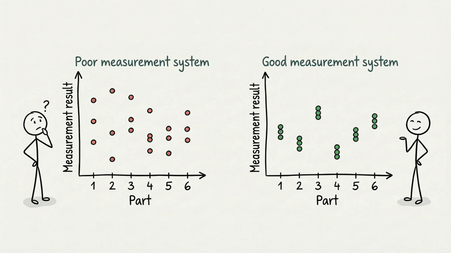 Measurement system analysis: 86% of variation from the measurement system, not the process