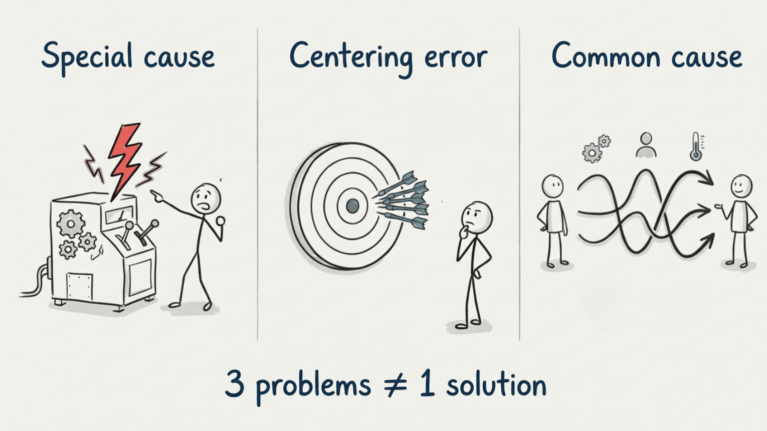 Three types of variation in Statistical Process Control: special cause variation, centering error, and common cause variation illustrated as whiteboard sketch