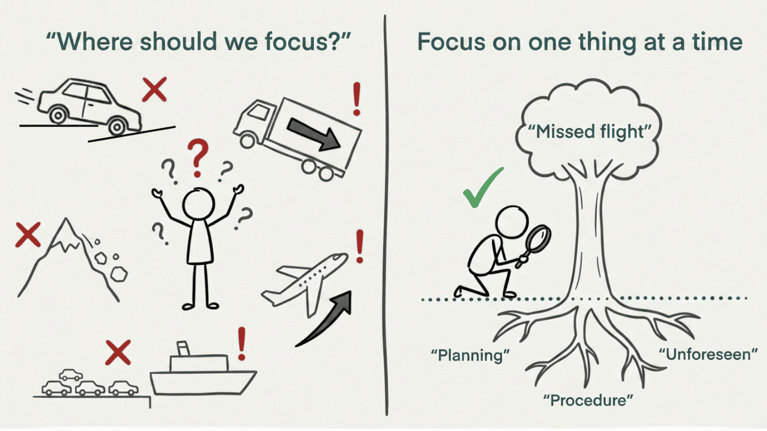 Root cause analysis: multiple simultaneous events require focus on one thing at a time