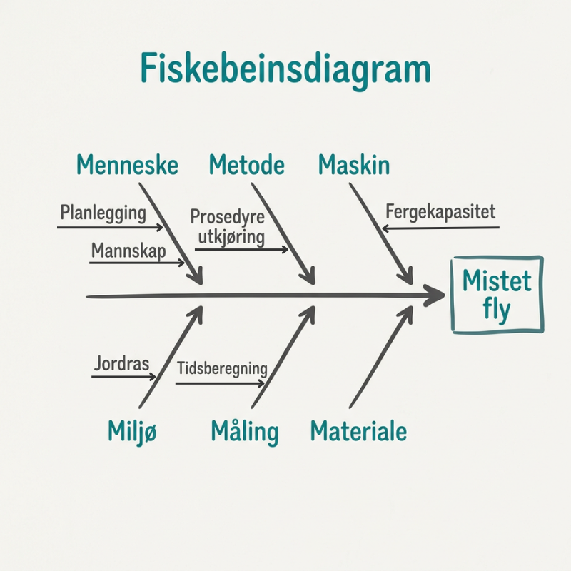 Fiskebein-diagram som viser årsaker til mistet fly og skadet leiebil